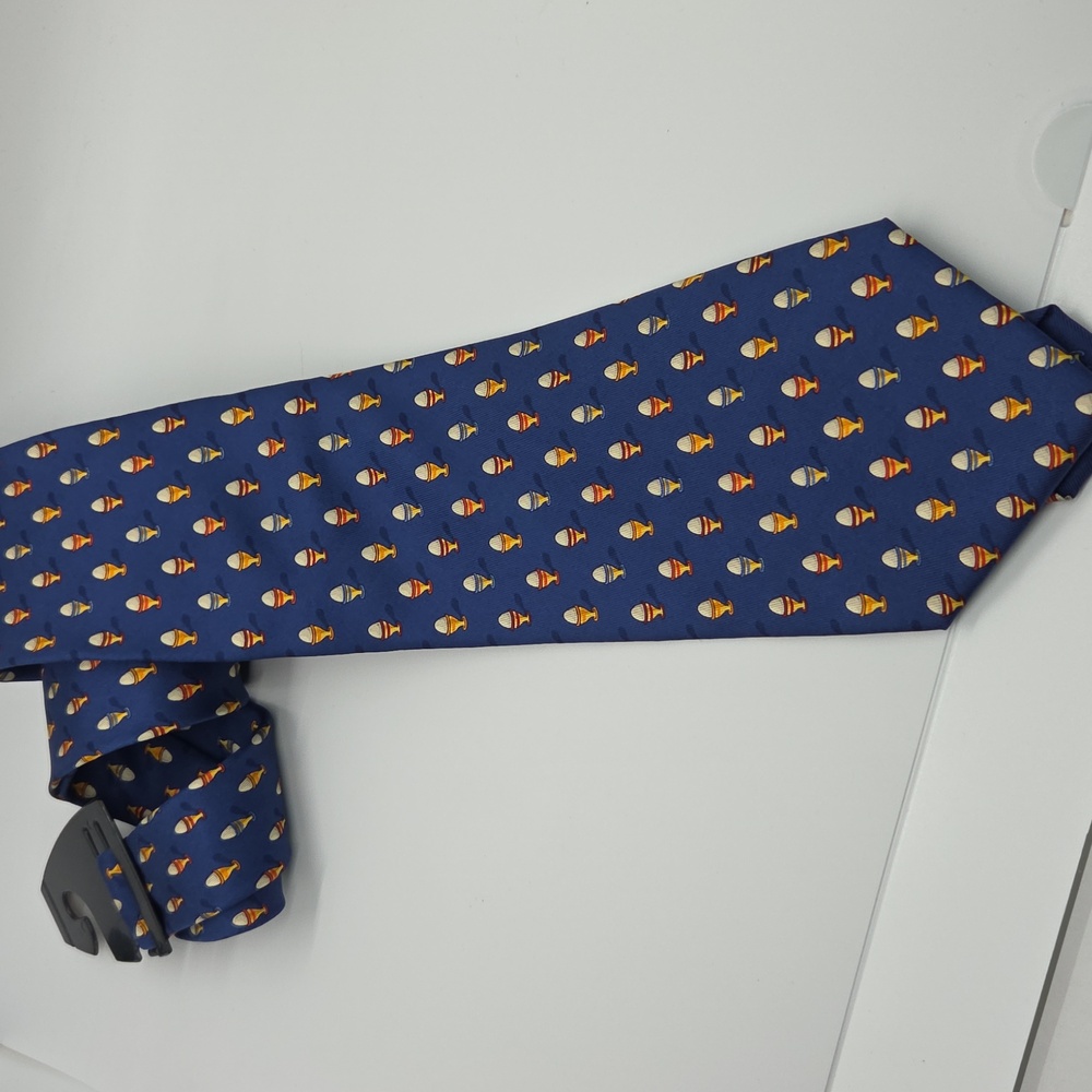 Salvatore Ferragamo Navy Silk Tie with Colorful Egg Cup Pattern